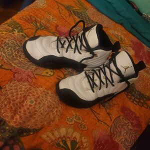 Kids White and Black Athletic Sneakers with Gold Jumpman Accent